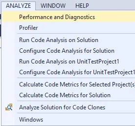 Figure: Or choose the “Performance and Diagnostics” menu in VS 2013
