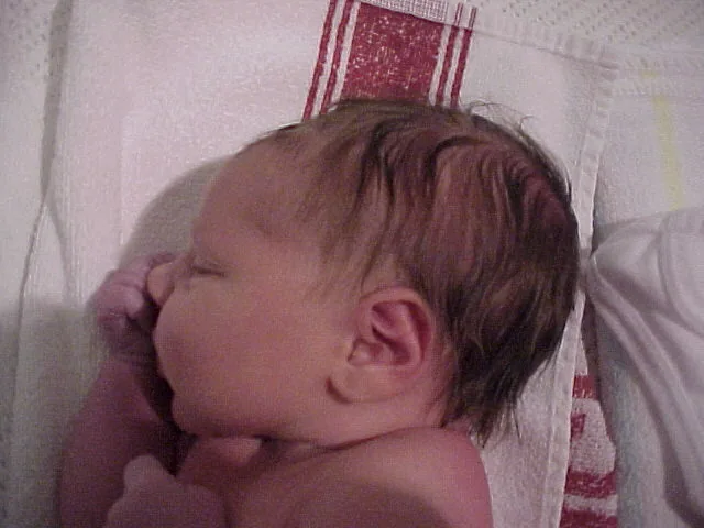 Eve weighs 3.5 kgs, or 7.7 pounds if you're not metric. As you can see Eve is a good greek baby, with lots of thick dark hair.