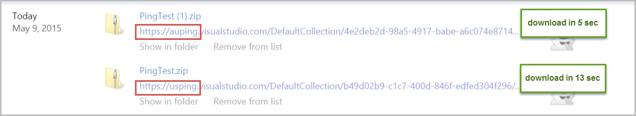 Figure: Downloaded PingTest.zip (US), then downloaded PingTest (1).zip (AU)…. AU performed much faster (260%)