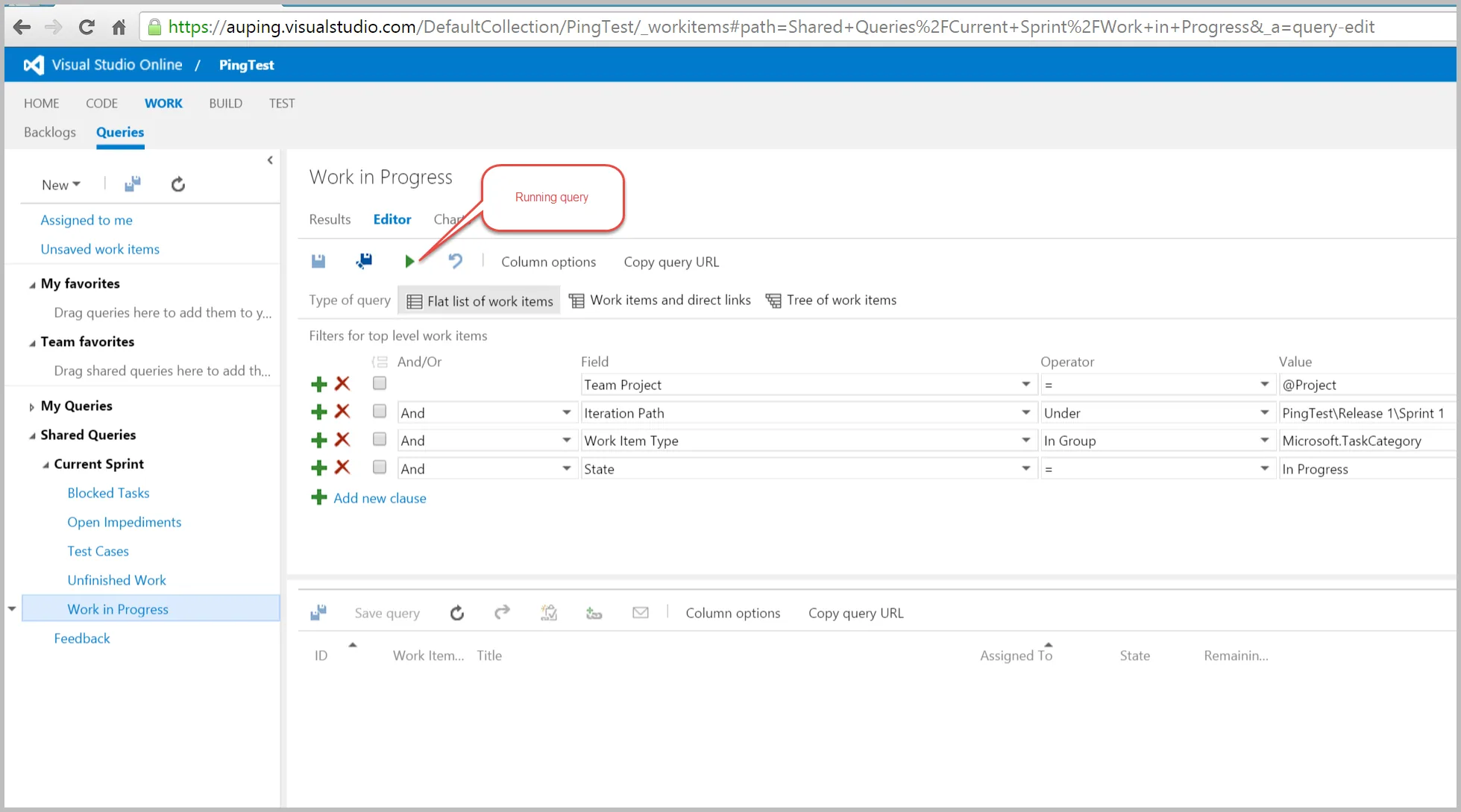 Figure: Testing Running Queries against VS Online