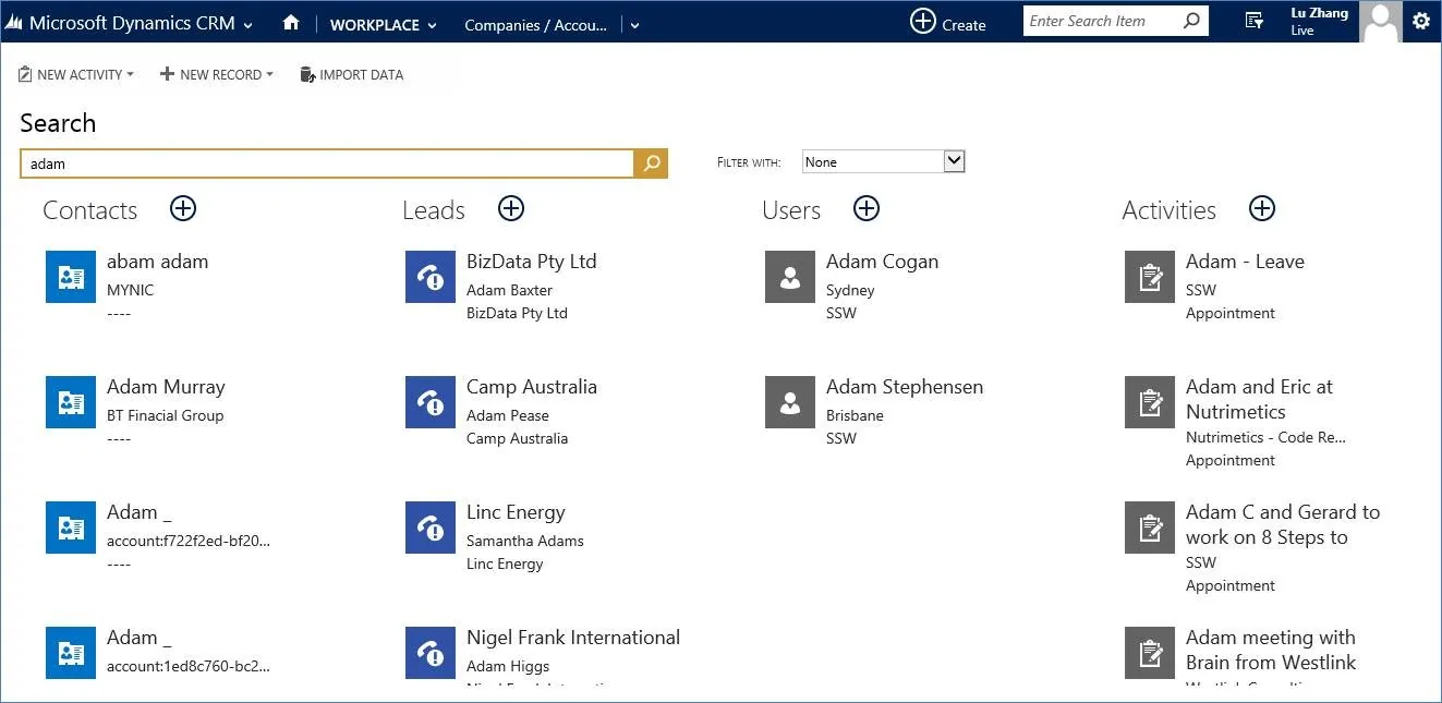Figure: Let's search for all the entities (Contact, Activity, Lead etc.) that contain ‘Adam’