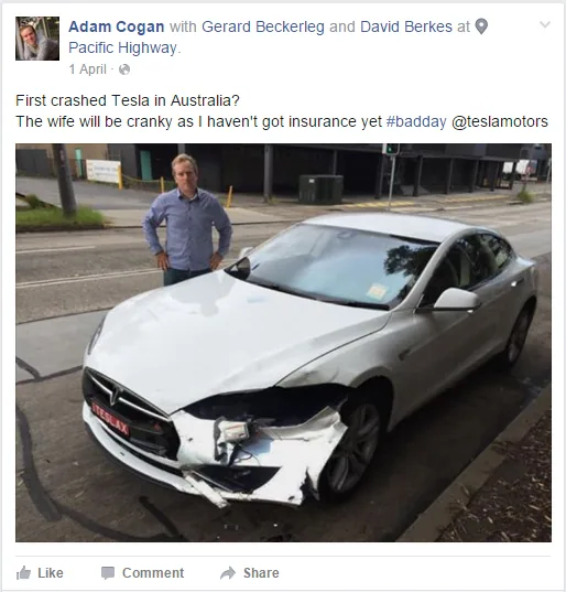 Figure: I didn’t let my wife in on the secret before I pulled this April Fool’s prank … She almost had a heart attack thinking I’d crashed my brand new, uninsured Tesla! Needless to say, I found it funnier than she did