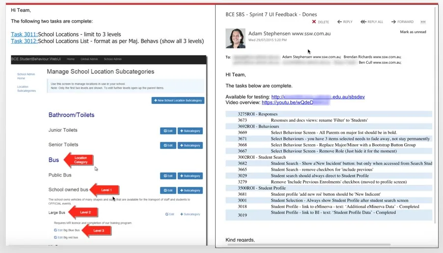 Figure: Good done emails include links to the work item, images and even videos of the work completed.