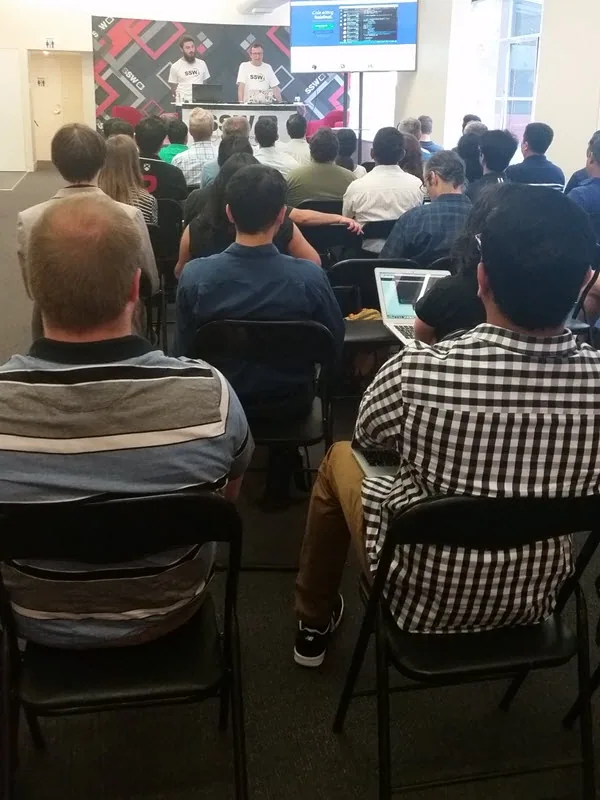 Our presenters, Jean Thirion and Brendan Richards, leading the course at the packed-out Angular Super Powers session