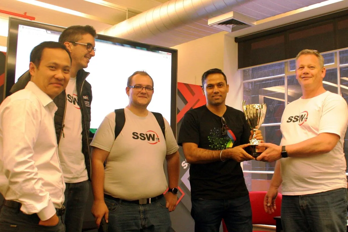 An ensemble of SSWers congratulating Angular hack day winner, Pradeep Sekhon