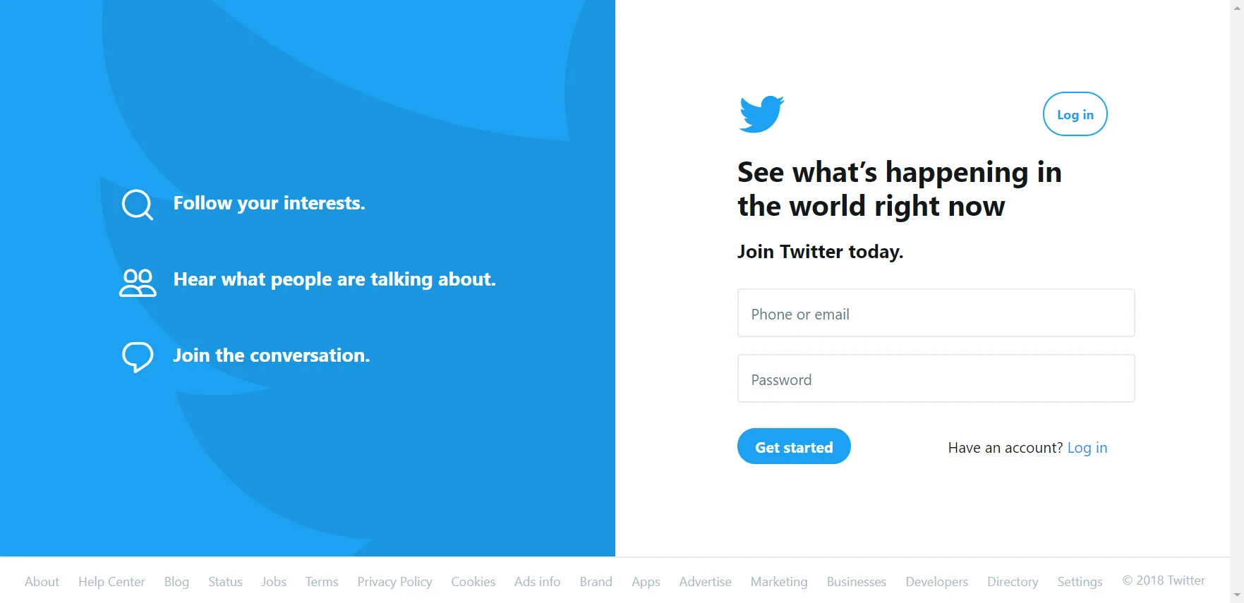 The twitter landing page that greets new users is sparse, simple and only features 1 colour