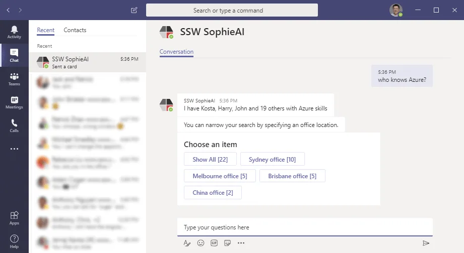 SSW Sophie Bot also knows who knows what. You can check out more functions at https://sswsophie.com/try