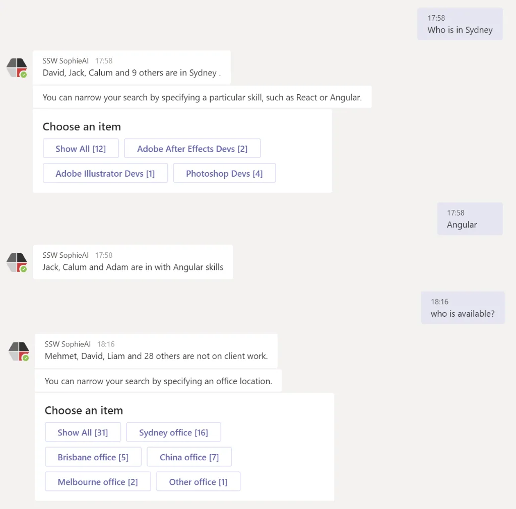 The SSW Sophie Bot in action – she can answer so many questions, accurately! We can interact with Sophie using a natural voice service eg. Google Assistant