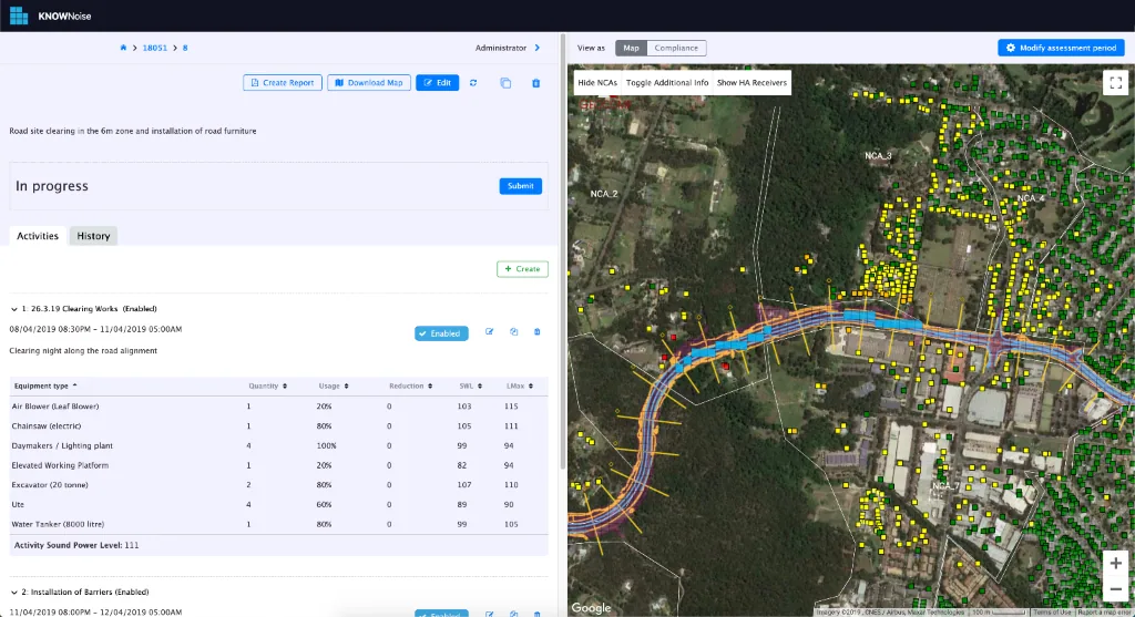 On the left of the screenshot it shows the different machinery and the project noise levels. On the right it shows the affected properties. Red is very bad, yellow is noisy, green is good.