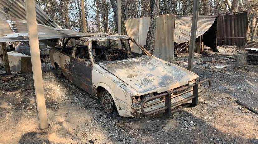 In remote areas, it is a lot more serious. This is Jennifer Haley’s property in Batlow, NSW. Her family lost everything on their property except the house. There is no washing this car!