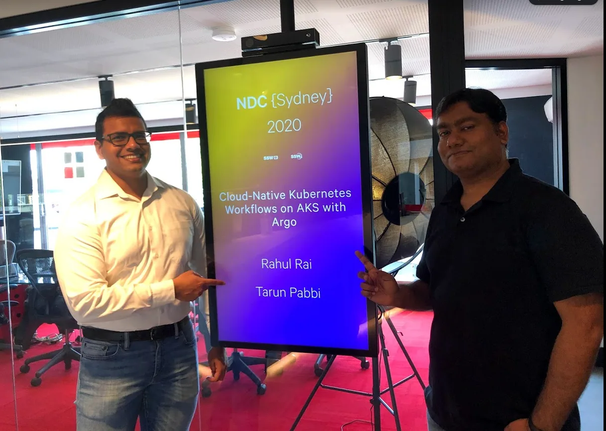 NDC Speakers Rahul & Tarun arrive at SSW Sydney to present their talk “Cloud-Native Kubernetes Workflows on AKS with Argo”.