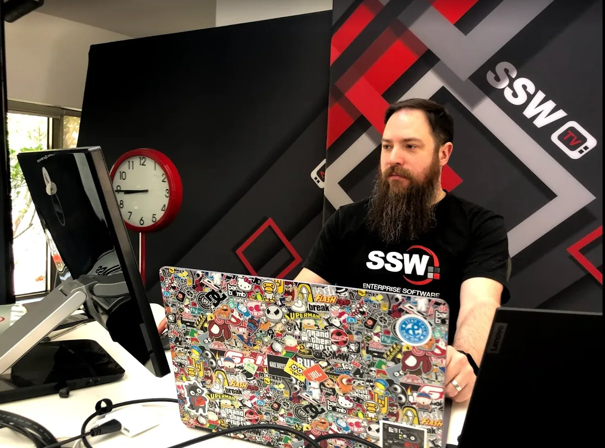 SSW Solution Architect Matt Wicks interviewing Yaser Adel Mehraben who joined us virtually from Melbourne. Hard to believe, but I know there is room for one more sticker!