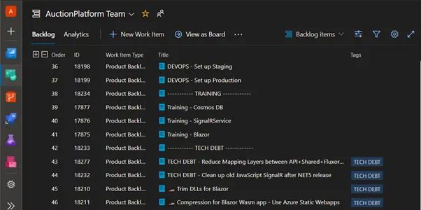 A project Kanban board with Tech debt identified