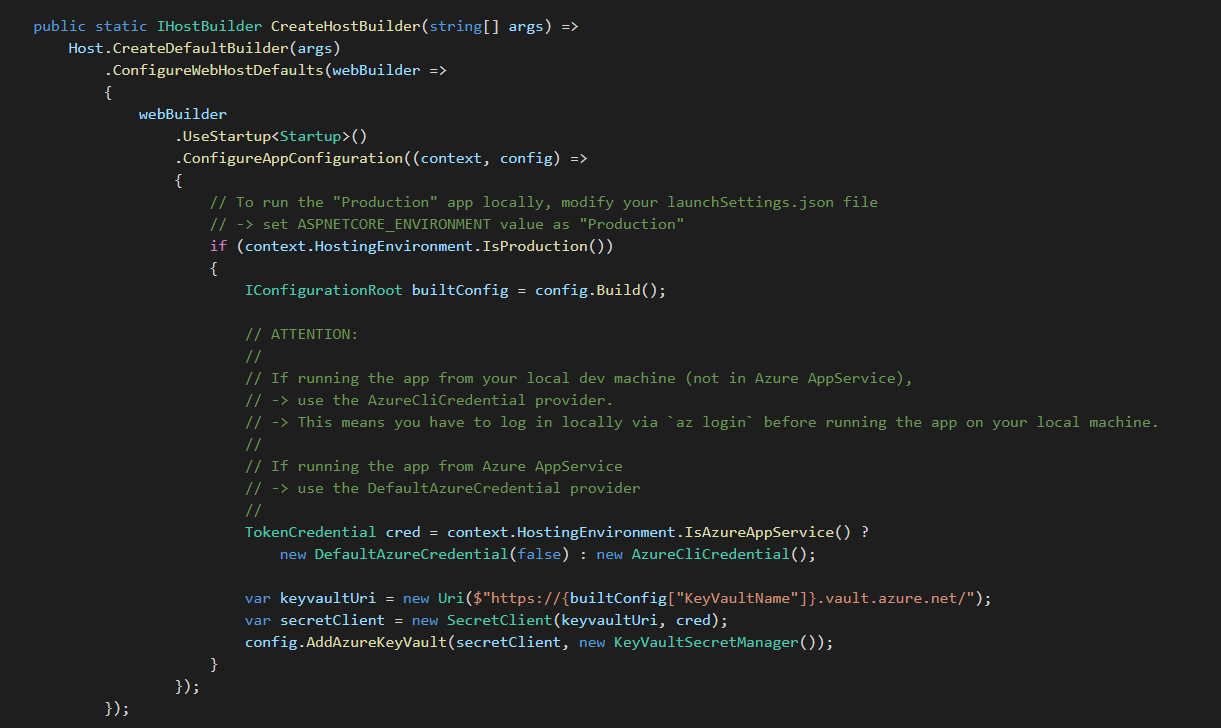 Coding box showing the code for Key Vault configuration
