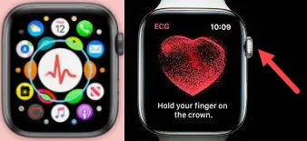 This is the correct app symbol (left), and then you hold your finger on the ‘crown’ (red arrow, right) when taking the ECG