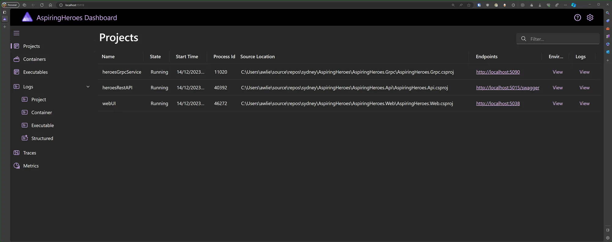 Aspire Dashboard - Projects View