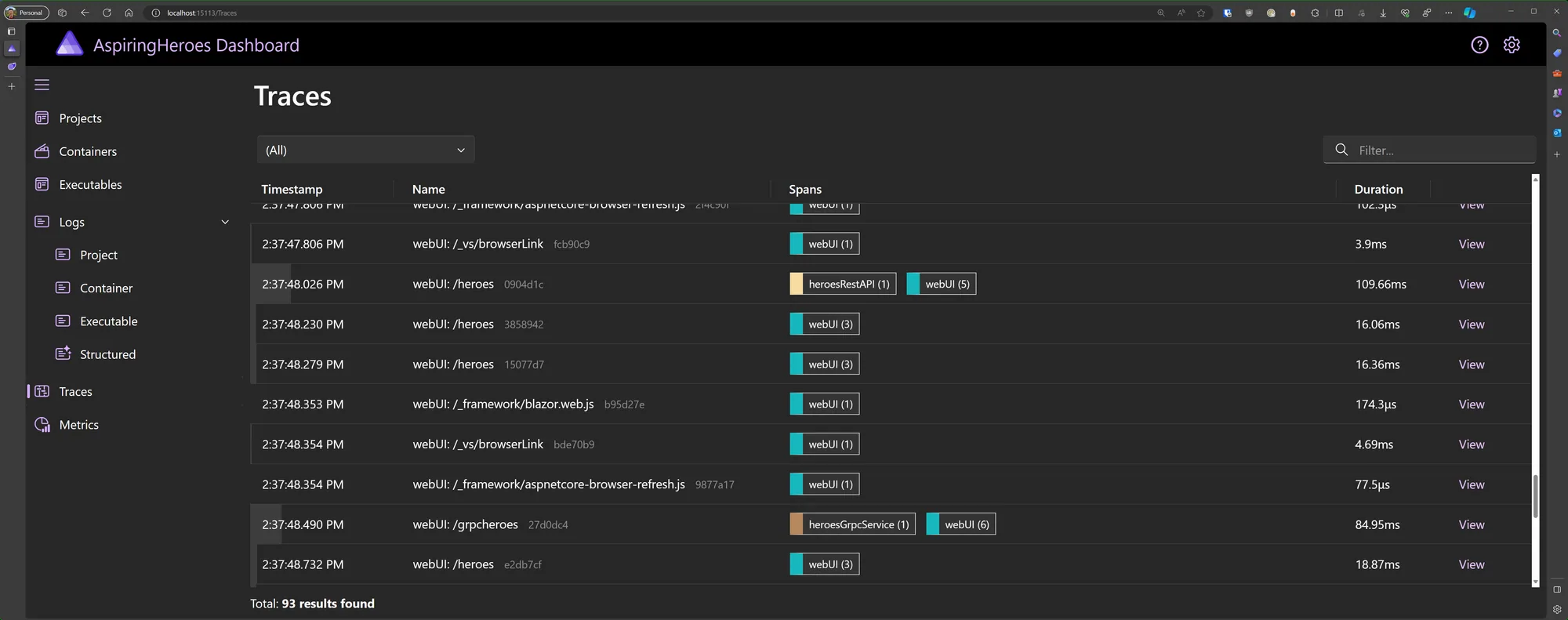 Aspire Dashboard - Traces View