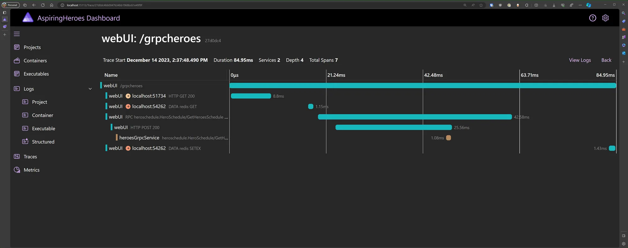 Aspire Dashboard - Trace Details View