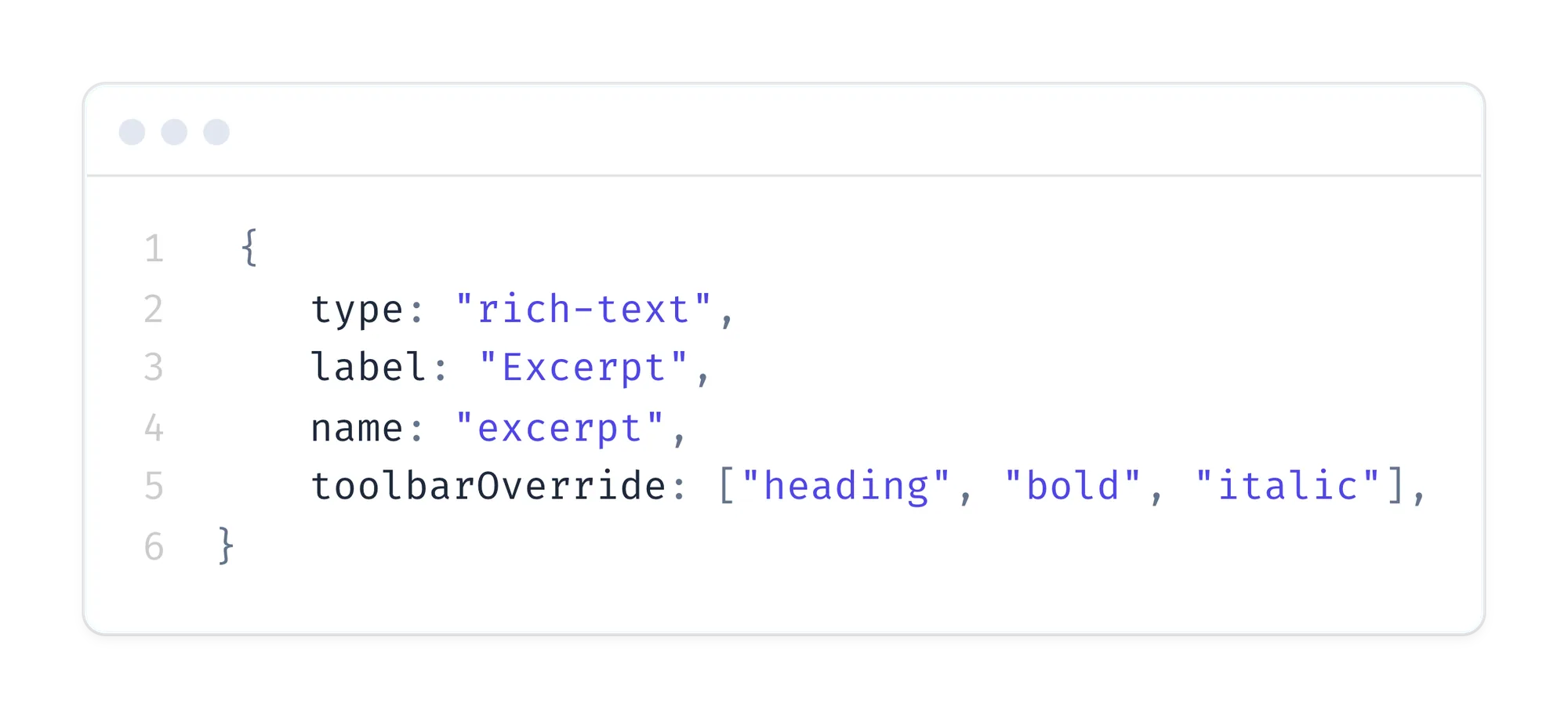 The Code with the configuration with 3 buttons (heading, bold, italic)