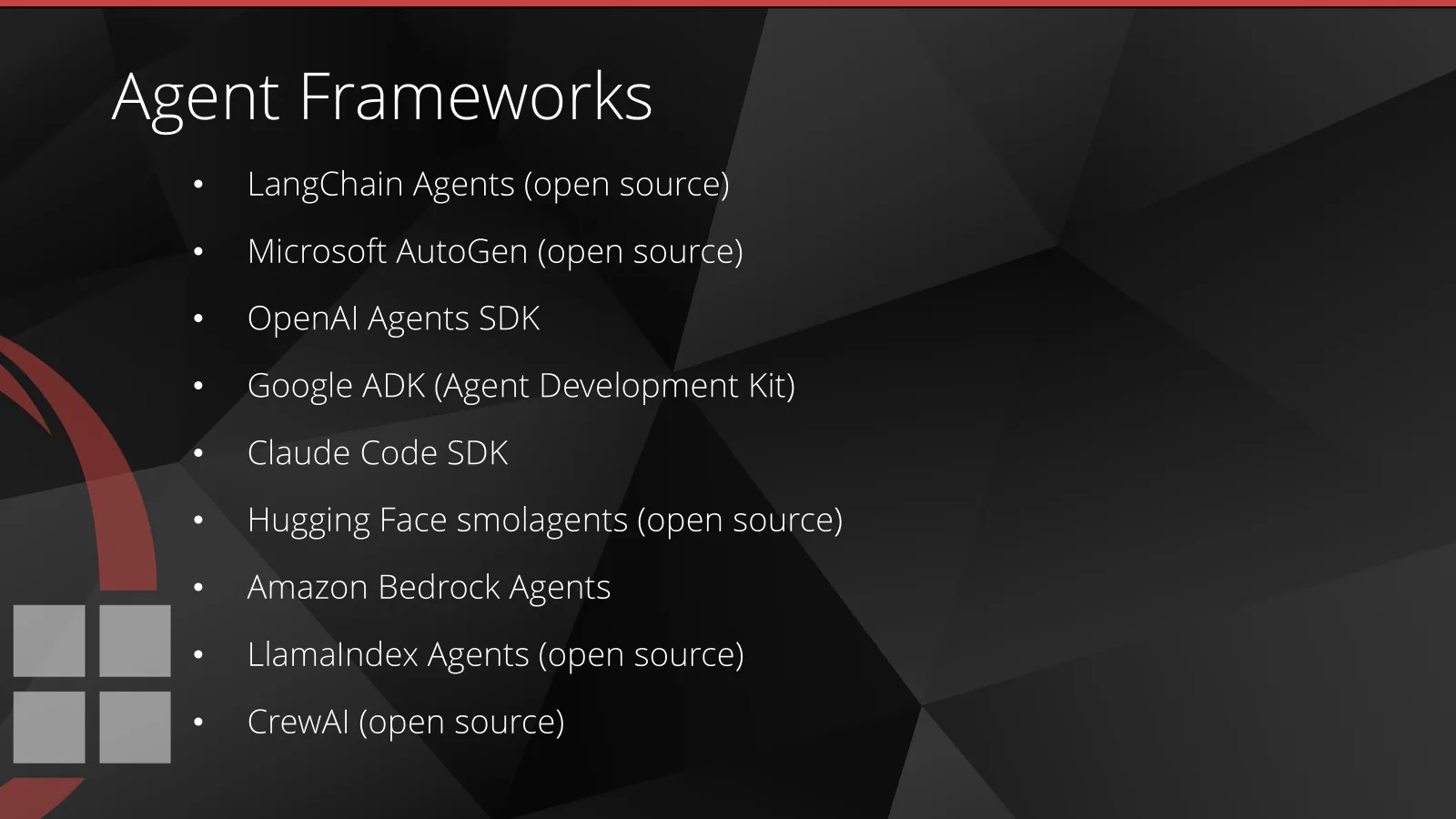 Slide showing what to use to develop agents