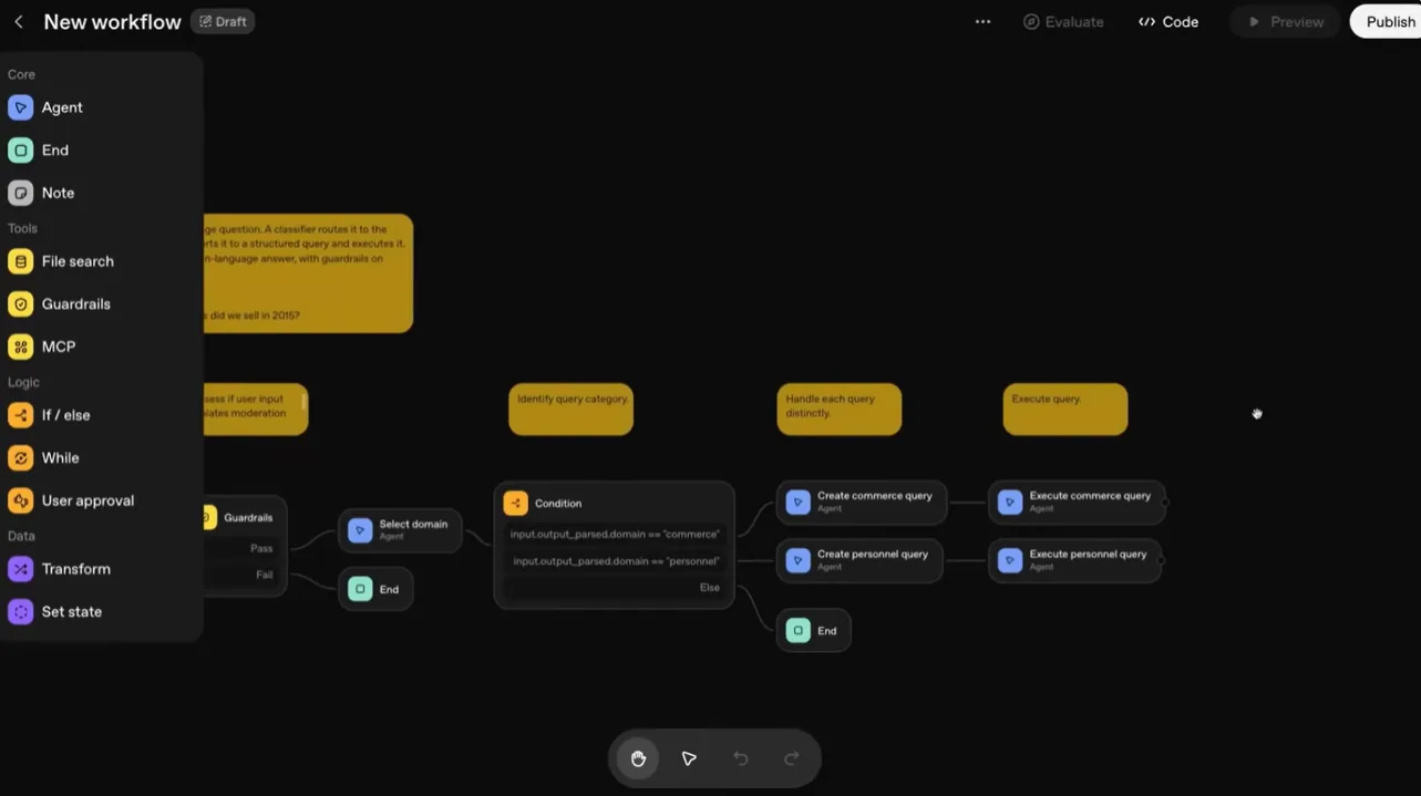 A screen showing the set up for a workflow on Agent Builder