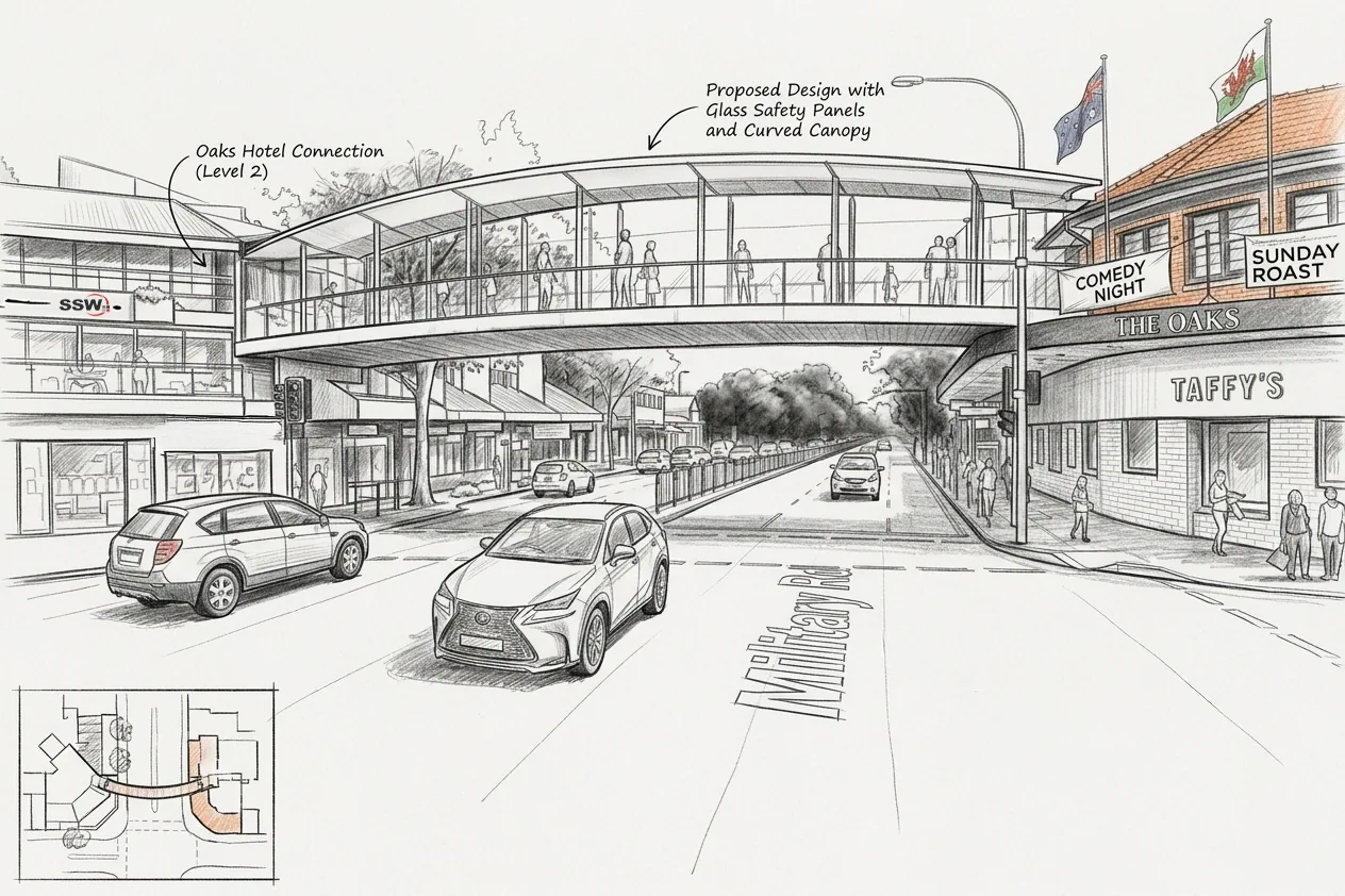 Sketch of the approved overpass and a street view of buildings